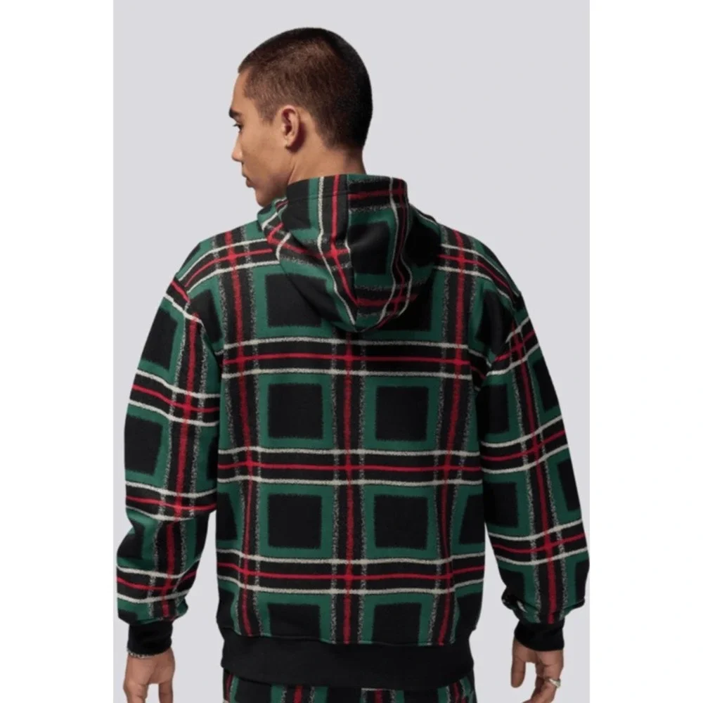 New NIKE Jordan‎ Essentials Green Red Plaid Fleece Pullover Hoodie Men's XXL